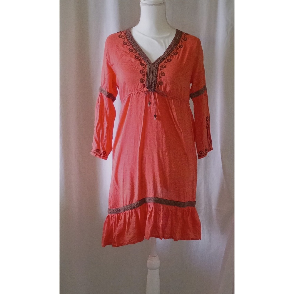 Coastal Cowgirl Orange Embroidered Tunic Dress Ruffle‎  Empire Waist 3/4 Sleeve